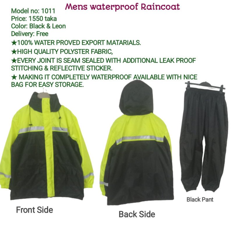 Waterproof Raincoat with Adjustable Hood and Reflector at Leon and Black